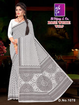 Pure Cotton Rose White W.B.P Saree with Traditional Print & Rich Border Elegant Daily to Festive Wear -M.R. Saree Emporium