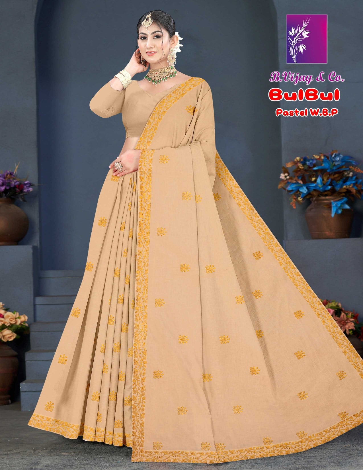 Bulbul Pastel Pure Cotton Saree – 8 Pcs Set-M.R. Saree Emporium