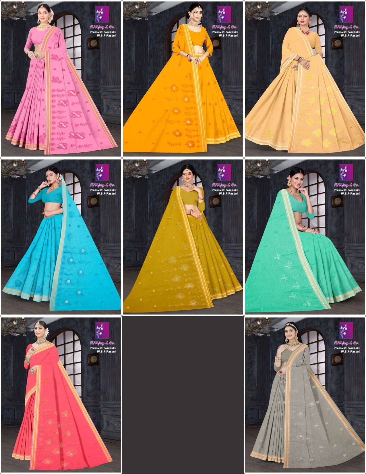 B. Vijay & Co. Premvati Soraski W.B.P Pastel Cotton Saree – 8 Pcs Set-M.R. Saree Emporium