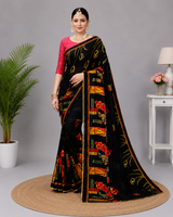Black Printed Georgette Saree with Designer Pallu