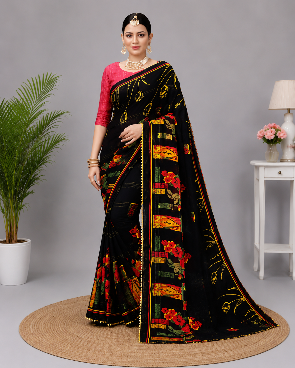 Black Printed Georgette Saree with Designer Pallu