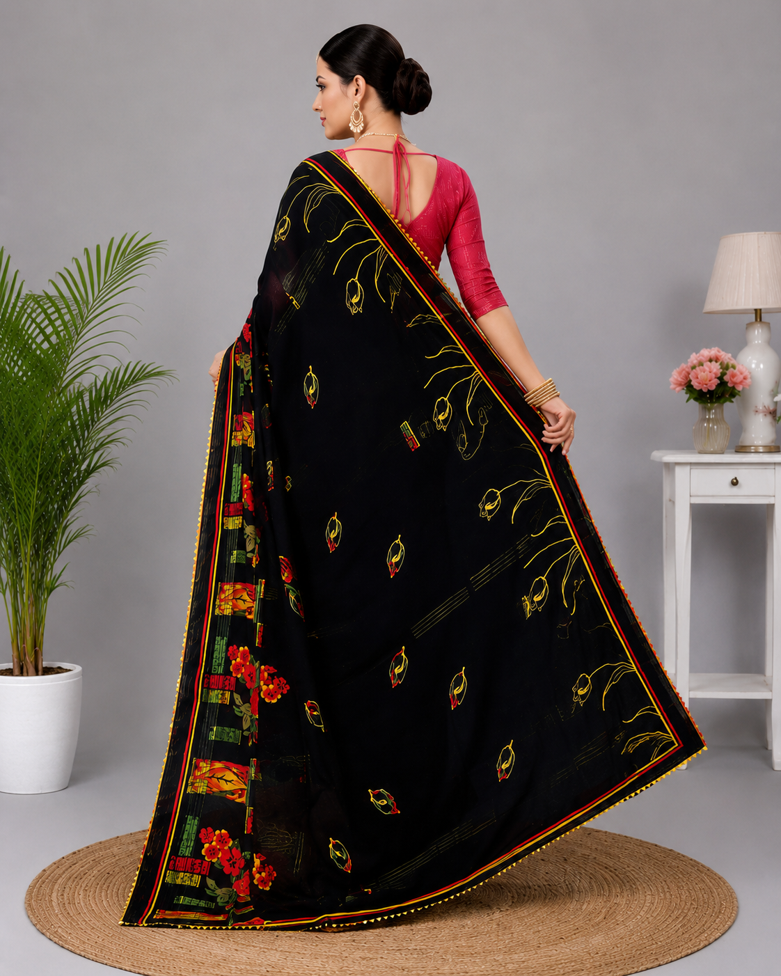 Black Printed Georgette Saree with Designer Pallu