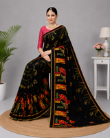 Black Printed Georgette Saree with Designer Pallu