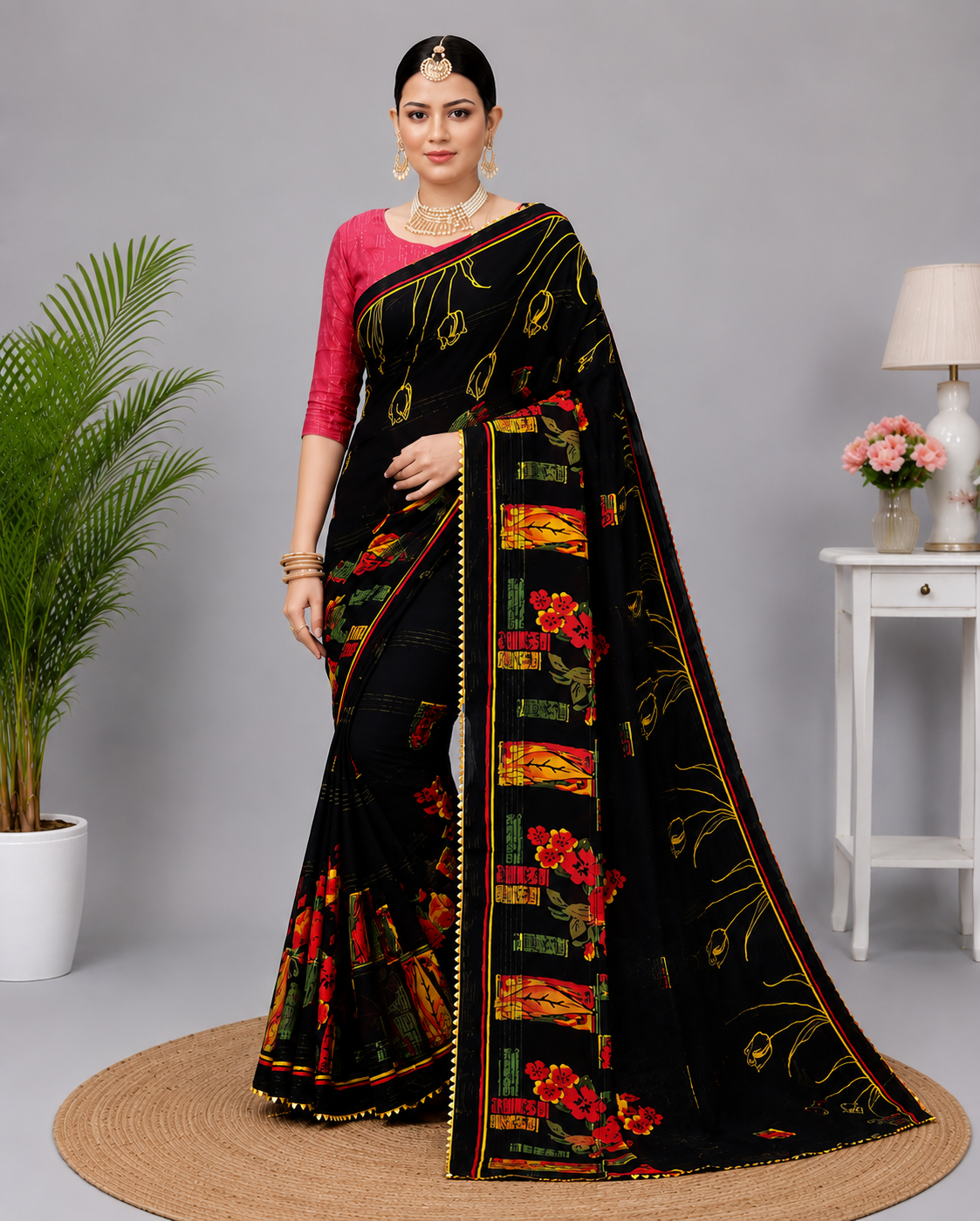 Black Printed Georgette Saree with Designer Pallu