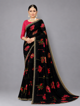 Black Floral Printed Georgette Saree with Golden Border