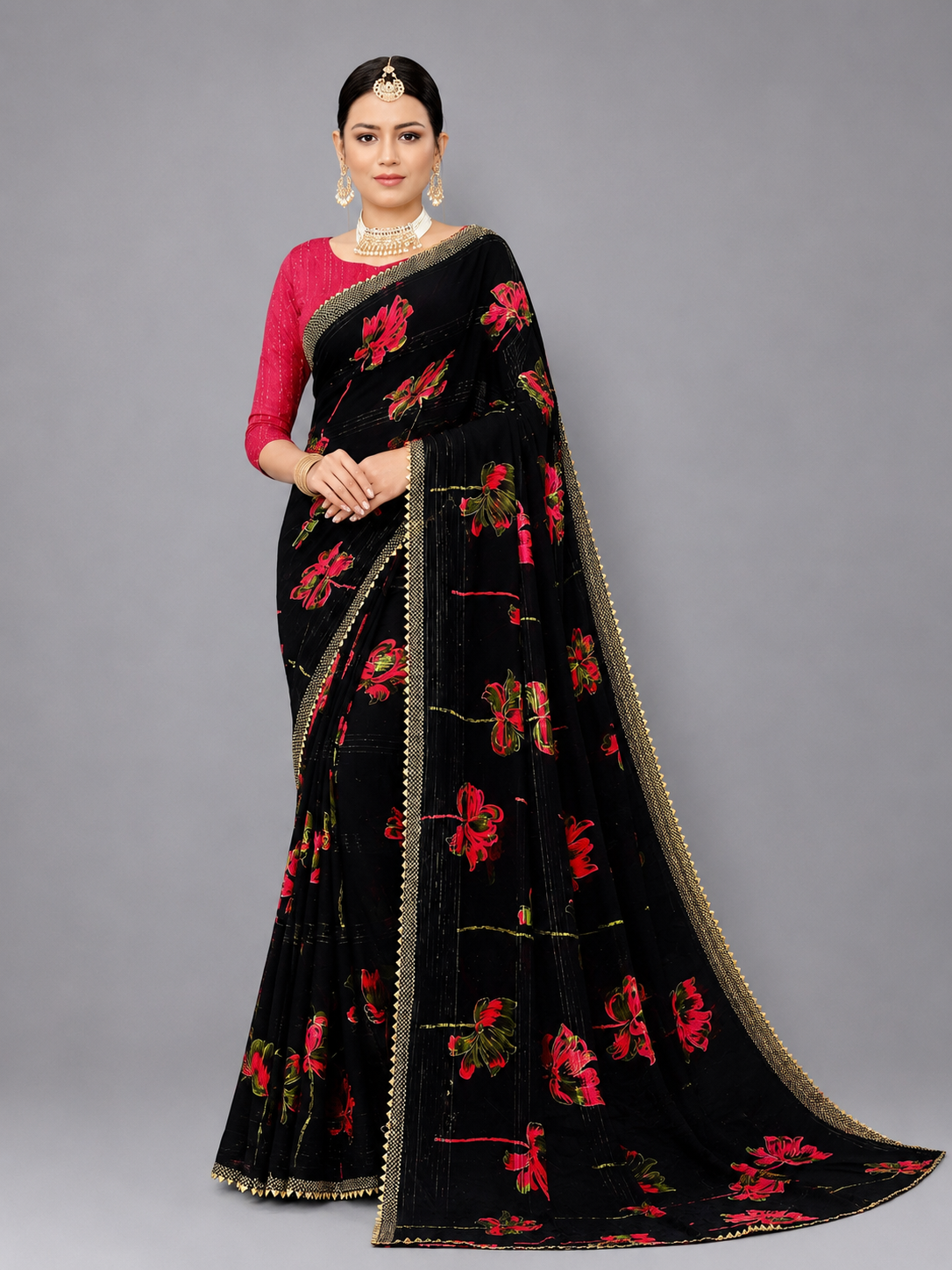 Black Floral Printed Georgette Saree with Golden Border