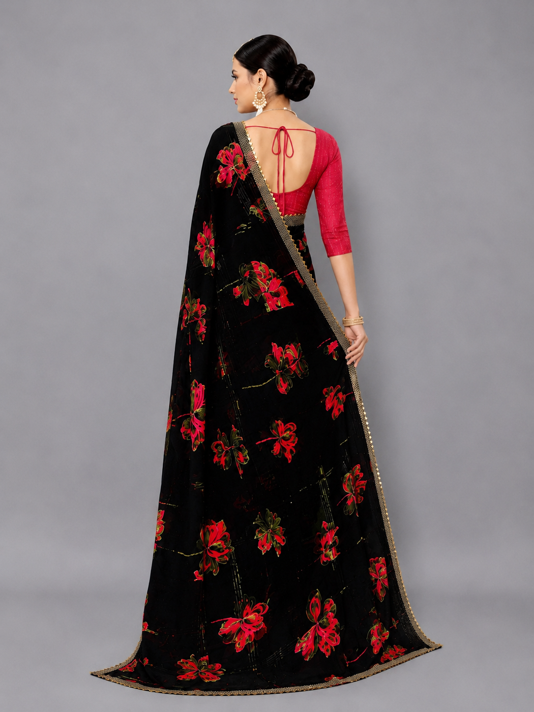 Black Floral Printed Georgette Saree with Golden Border