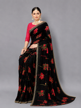 Black Floral Printed Georgette Saree with Golden Border