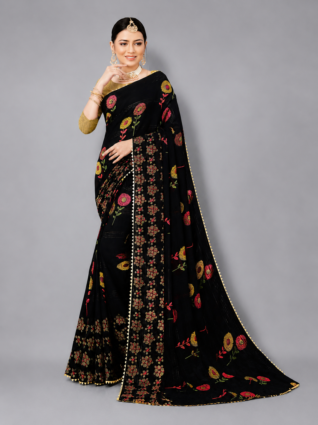 Black Floral Printed Georgette Saree with Designer Pallu