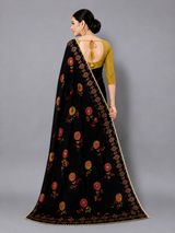 Black Floral Printed Georgette Saree with Designer Pallu