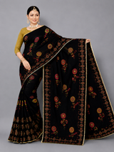 Black Floral Printed Georgette Saree with Designer Pallu
