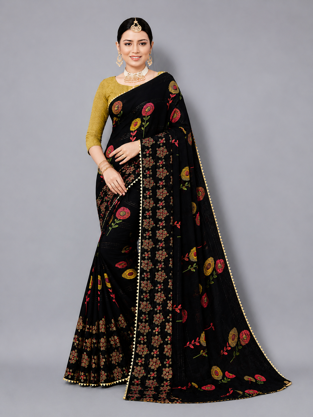 Black Floral Printed Georgette Saree with Designer Pallu