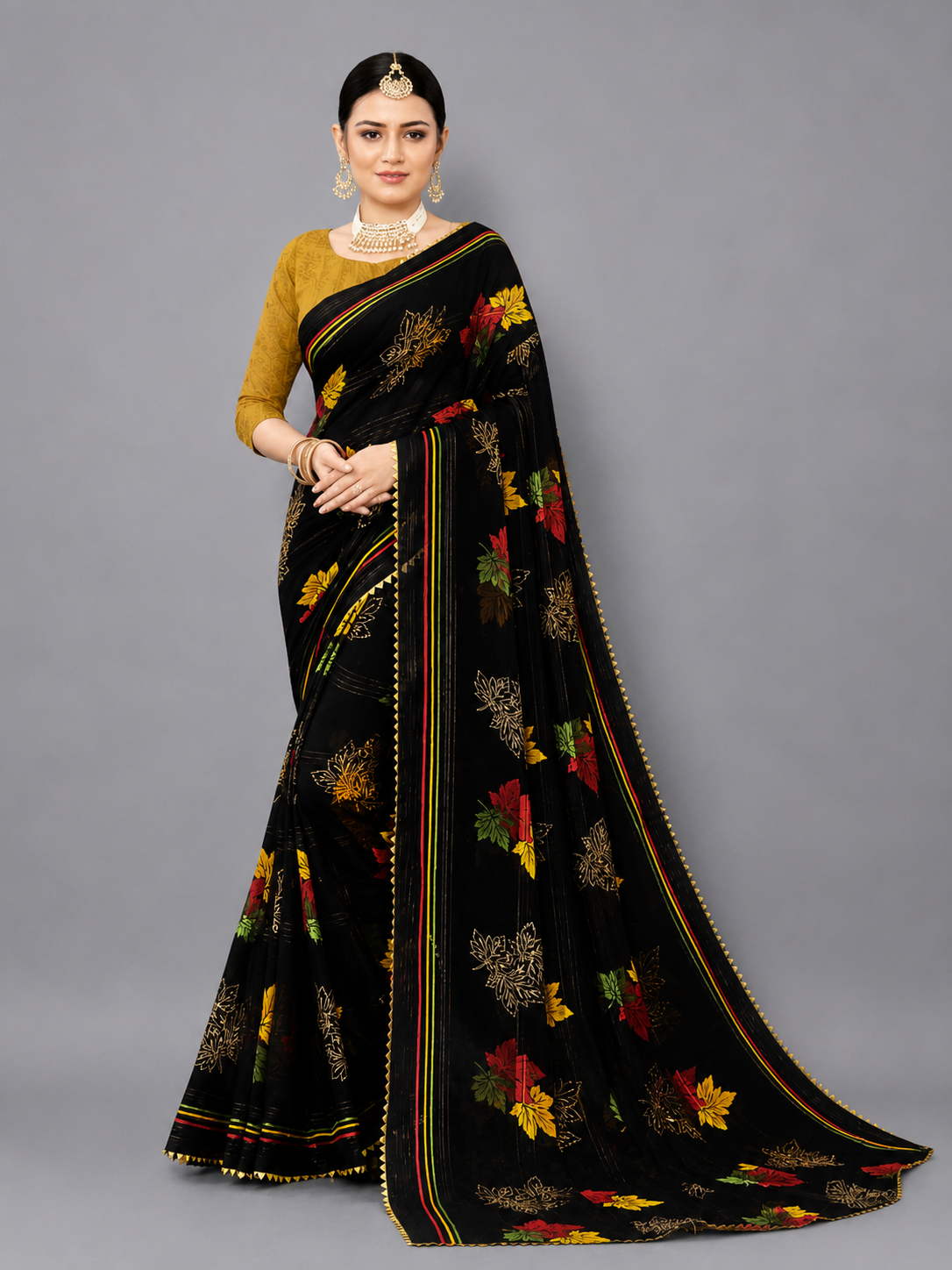 Black Floral Printed Georgette Saree with Striped Pallu