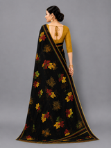Black Floral Printed Georgette Saree with Striped Pallu