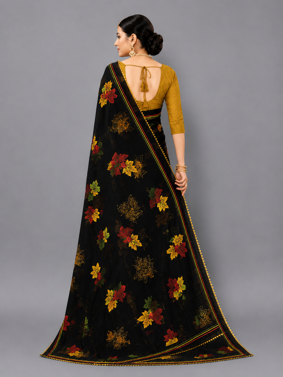 Black Floral Printed Georgette Saree with Striped Pallu