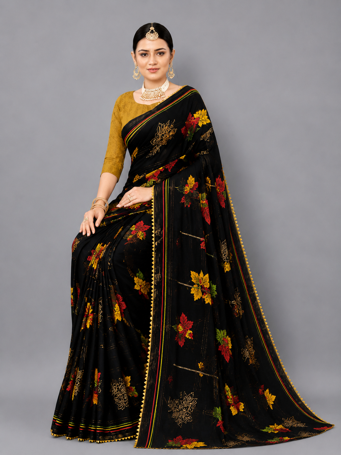 Black Floral Printed Georgette Saree with Striped Pallu