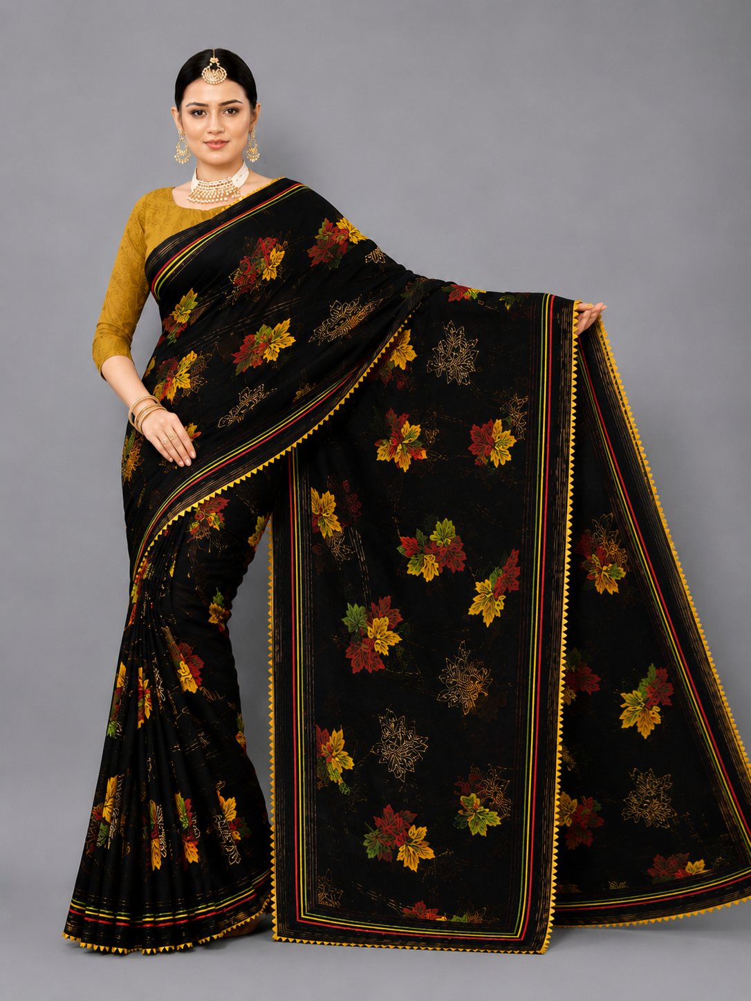 Black Floral Printed Georgette Saree with Striped Pallu