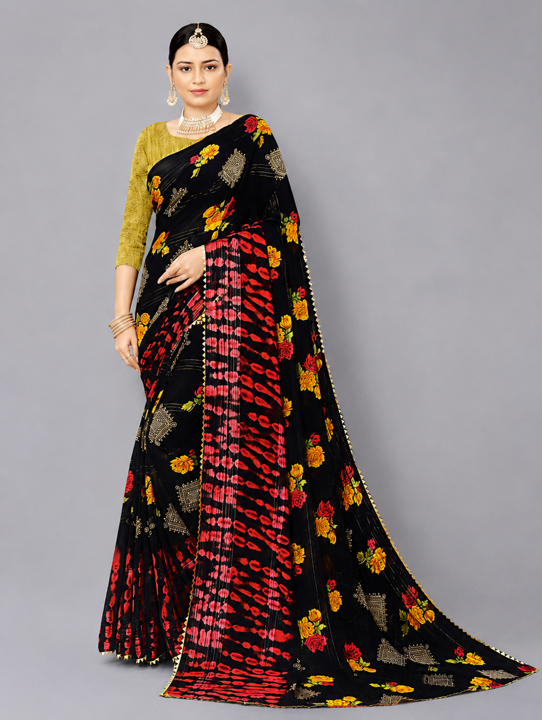 Black Floral Printed Georgette Saree with Tie-Dye Pallu