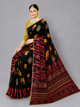 Black Floral Printed Georgette Saree with Tie-Dye Pallu
