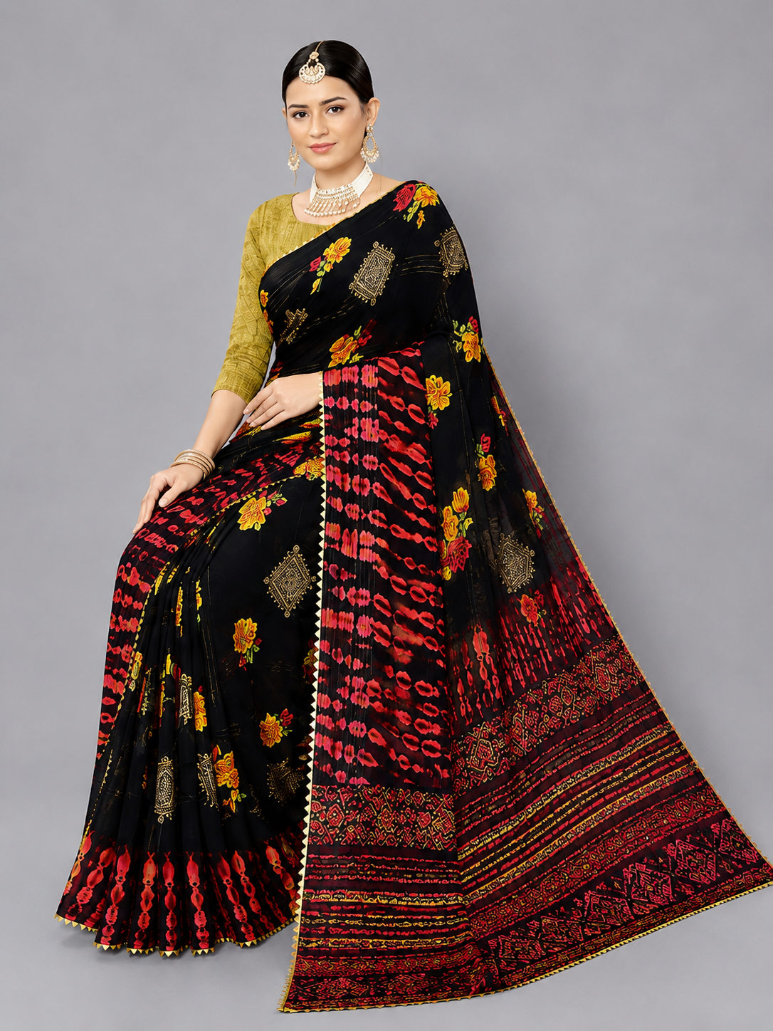 Black Floral Printed Georgette Saree with Tie-Dye Pallu