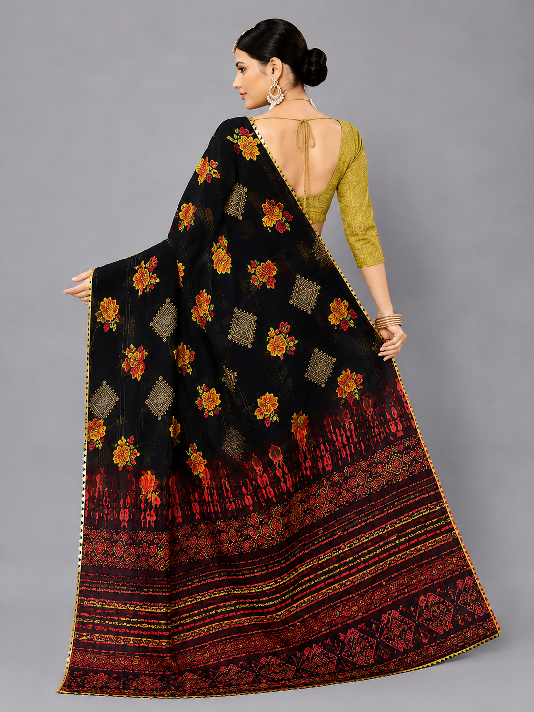 Black Floral Printed Georgette Saree with Tie-Dye Pallu