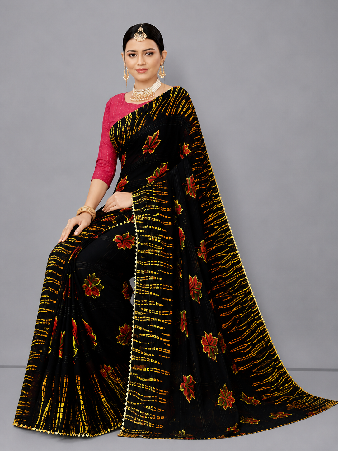 Black Floral Printed Georgette Saree with Tie-Dye Pallu