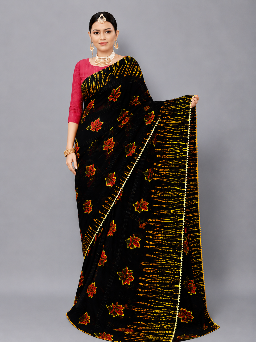Black Floral Printed Georgette Saree with Tie-Dye Pallu
