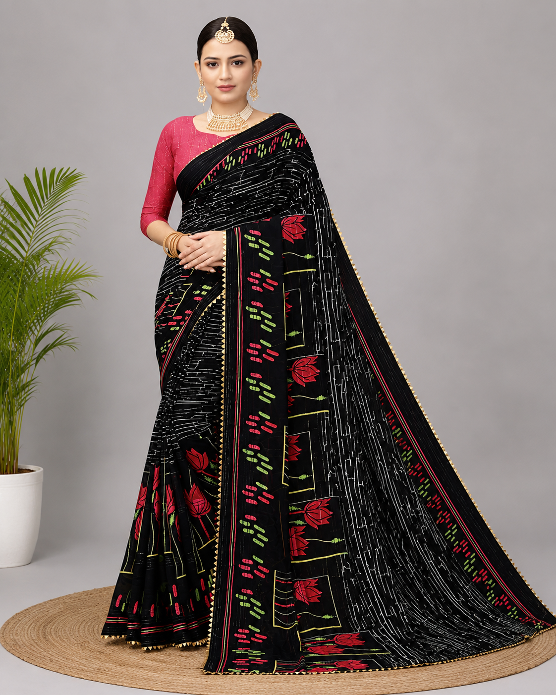 Black Lotus Printed Georgette Saree with Designer Pallu