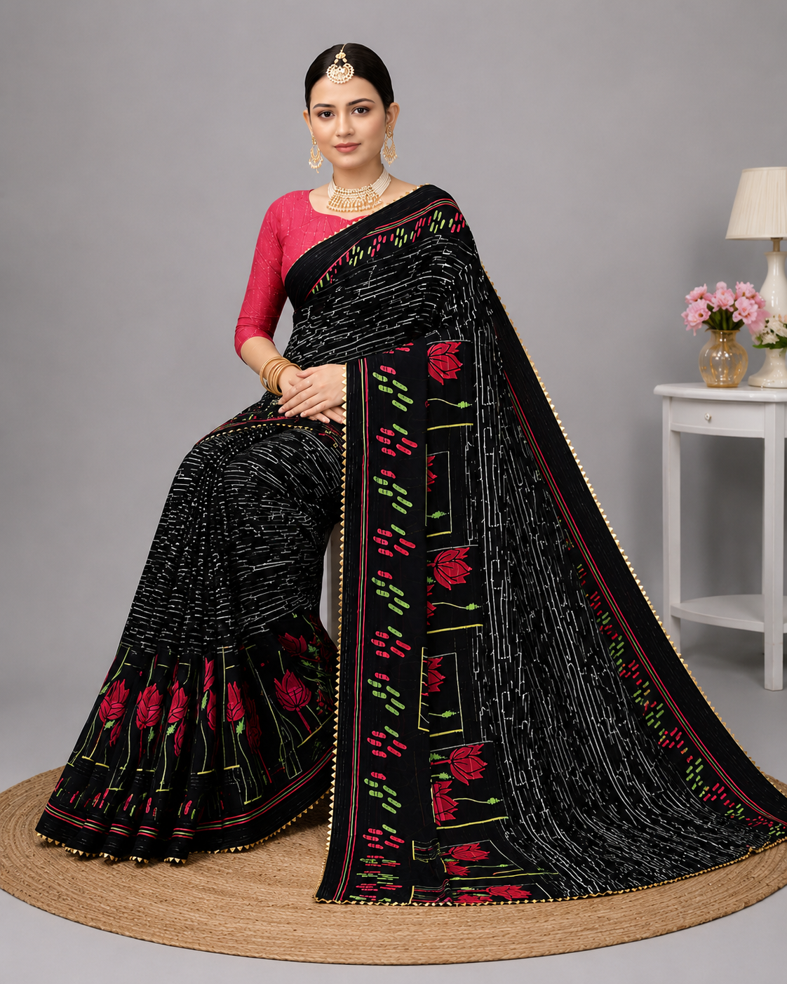 Black Lotus Printed Georgette Saree with Designer Pallu