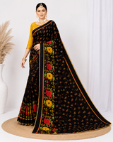 Black Floral Printed Georgette Saree with Designer Pallu