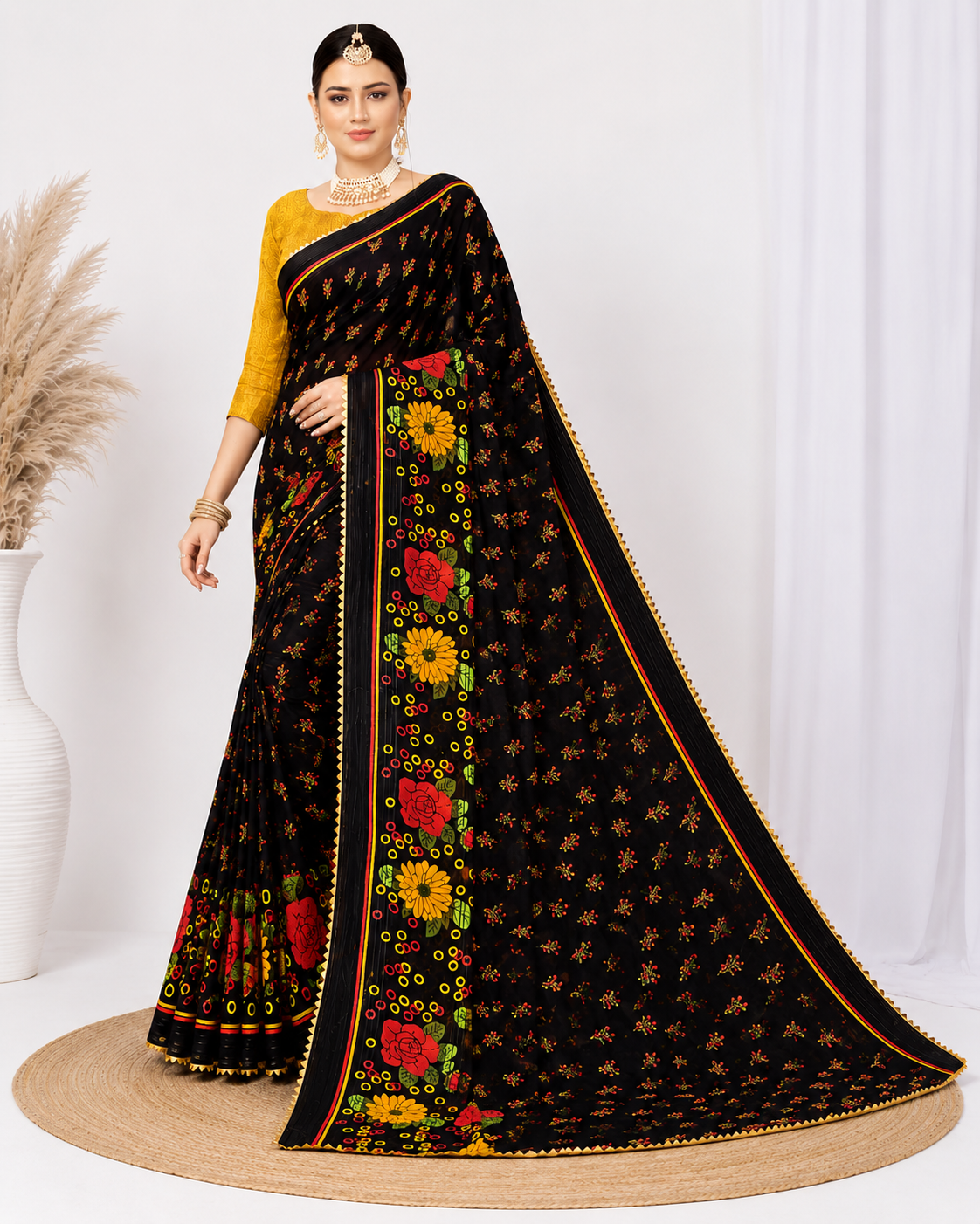 Black Floral Printed Georgette Saree with Designer Pallu