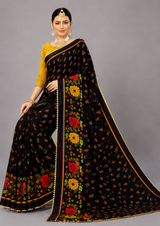 Black Floral Printed Georgette Saree with Designer Pallu