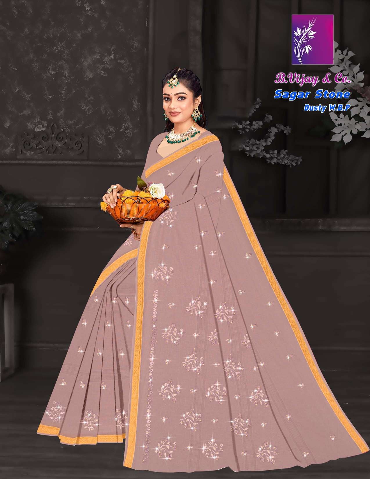 Sagar Stone Dusty W.B.P Cotton Saree with Stone Work – 8 Pcs Set -M.R. Saree Emporium