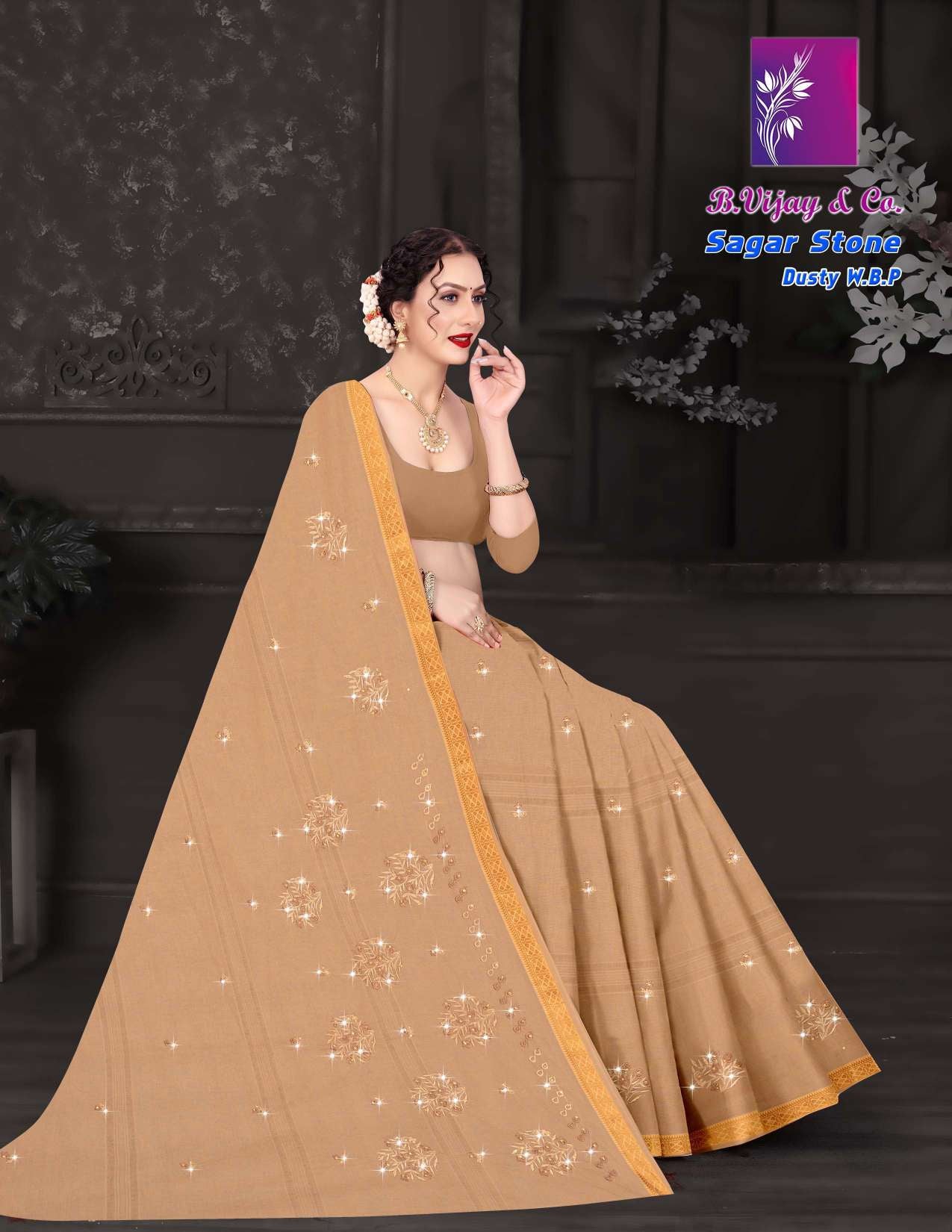 Sagar Stone Dusty W.B.P Cotton Saree with Stone Work – 8 Pcs Set -M.R. Saree Emporium