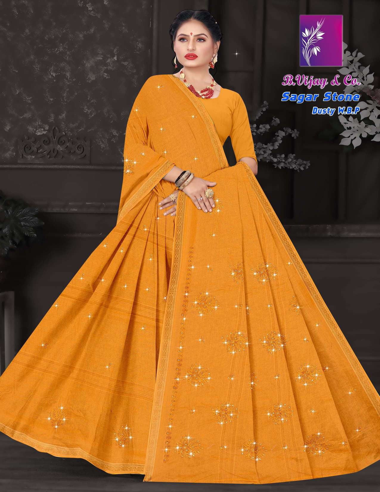 Sagar Stone Dusty W.B.P Cotton Saree with Stone Work – 8 Pcs Set -M.R. Saree Emporium