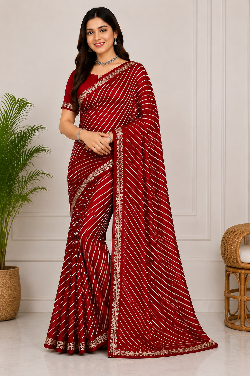 Latest Bandhani Chiffon Saree - Leheriya Stripe 6 Pcs Wholesale Set