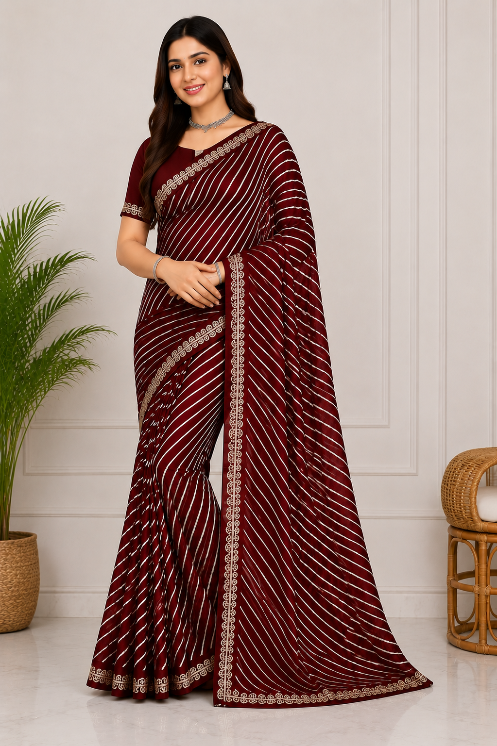 Latest Bandhani Chiffon Saree - Leheriya Stripe 6 Pcs Wholesale Set