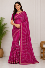 Latest Bandhani Chiffon Saree - Leheriya Stripe 6 Pcs Wholesale Set