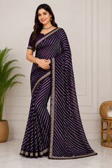Latest Bandhani Chiffon Saree - Leheriya Stripe 6 Pcs Wholesale Set