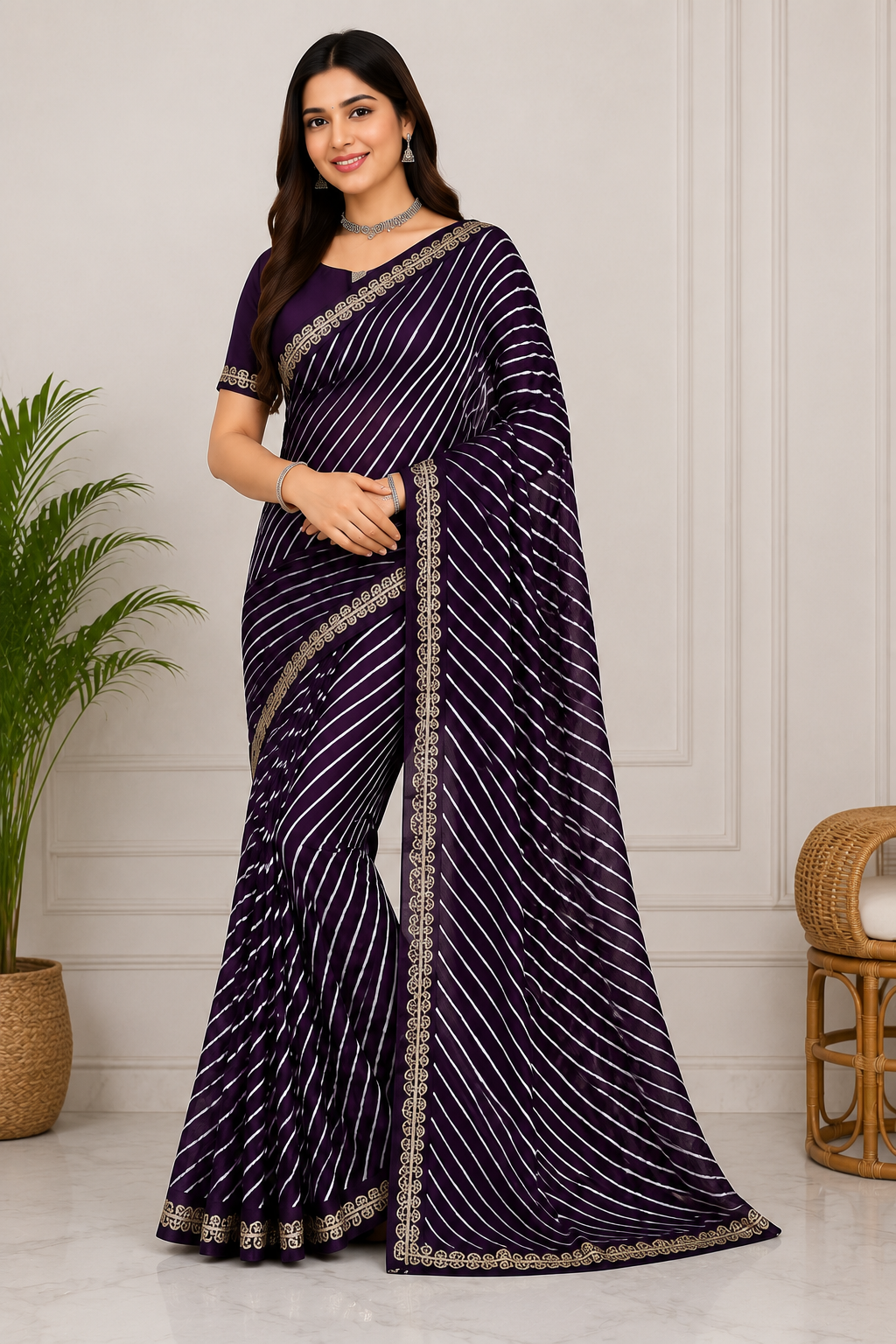 Latest Bandhani Chiffon Saree - Leheriya Stripe 6 Pcs Wholesale Set