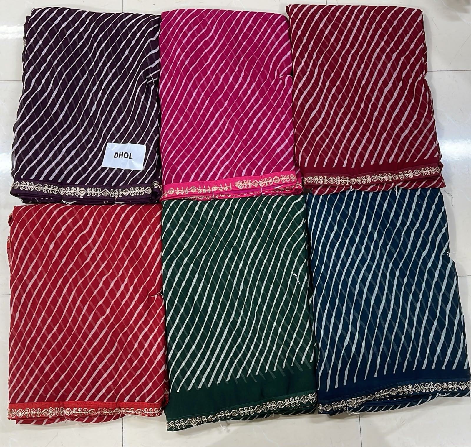 Latest Bandhani Chiffon Saree - Leheriya Stripe 6 Pcs Wholesale Set