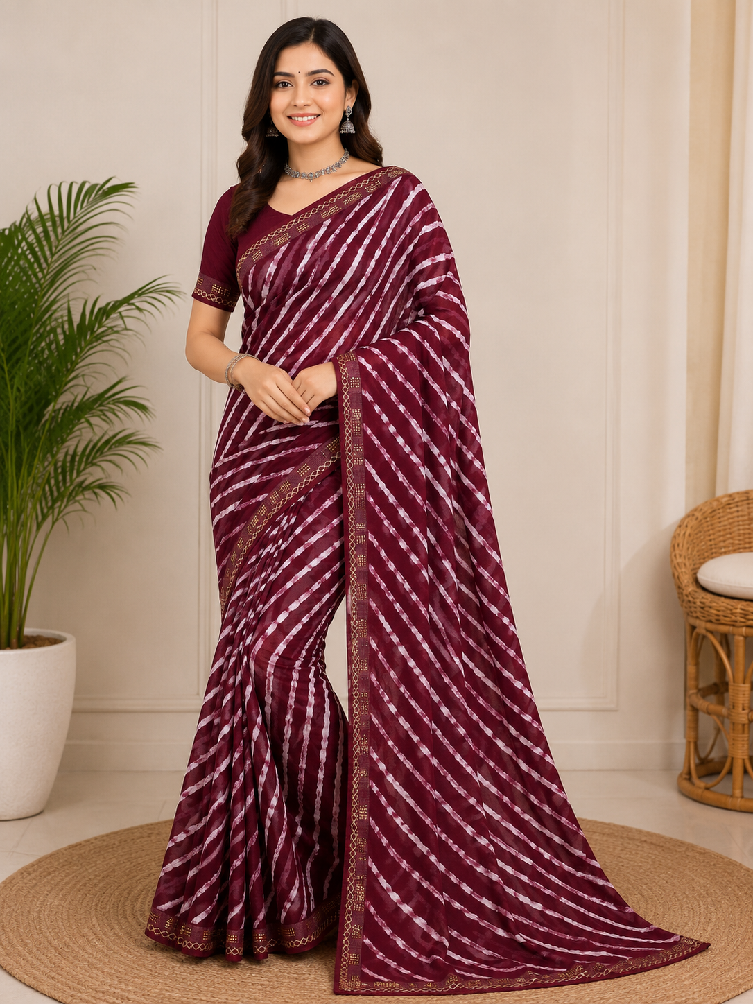 Latest Bandhani Chiffon Saree - Leheriya Print 6 Pcs Wholesale Set