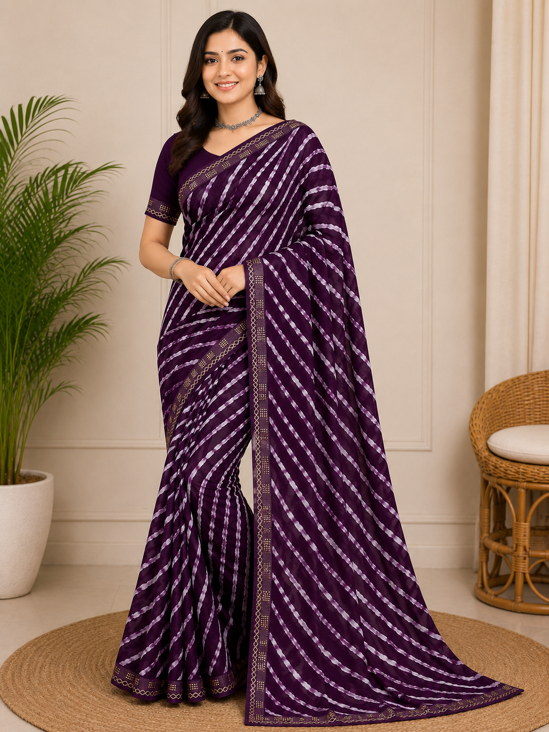 Latest Bandhani Chiffon Saree - Leheriya Print 6 Pcs Wholesale Set