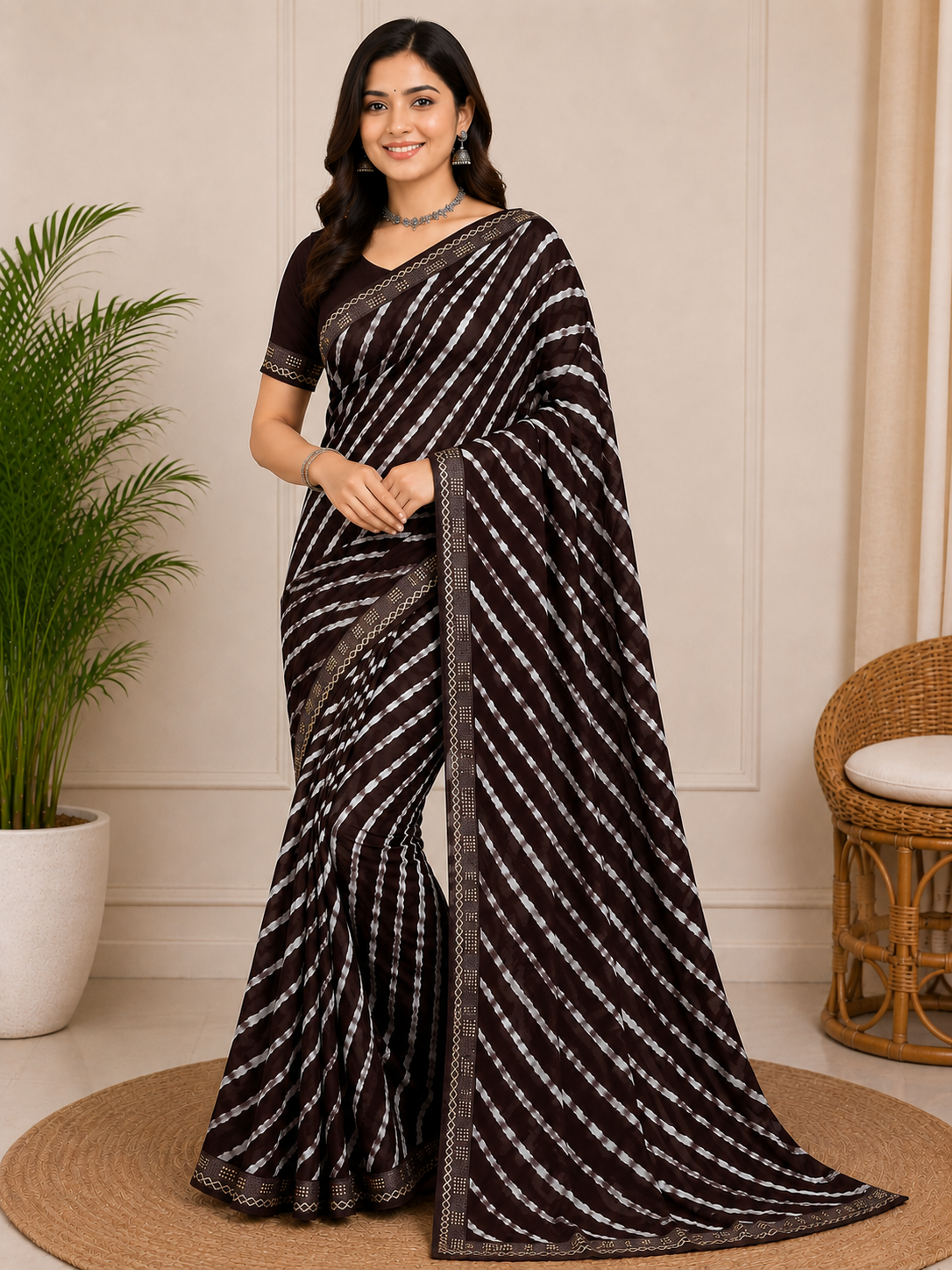 Latest Bandhani Chiffon Saree - Leheriya Print 6 Pcs Wholesale Set