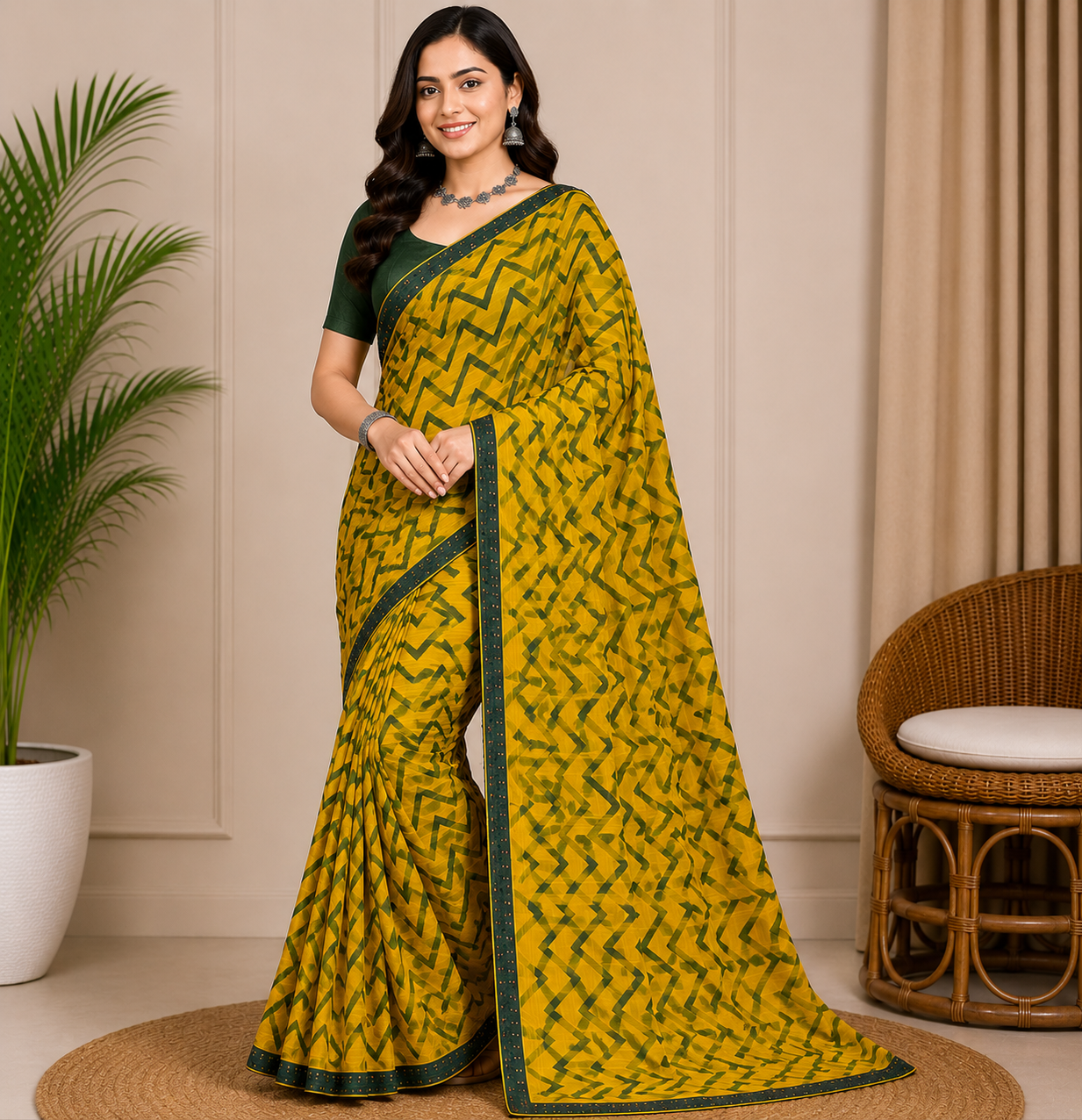 Latest Bandhani Chiffon Saree - Zig Zag Designer 6 Pcs Wholesale Set