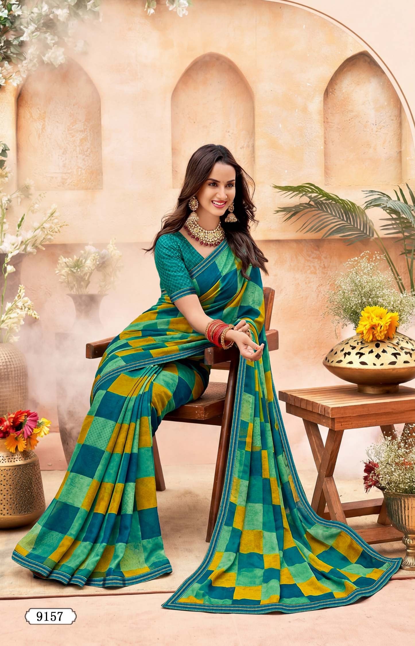 Krishnaleela Banshee-4 Georgette Printed Saree with Designer Border - 8 PCS Set