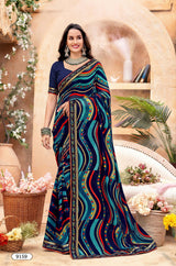 Krishnaleela Banshee-4 Georgette Printed Saree with Designer Border - 8 PCS Set
