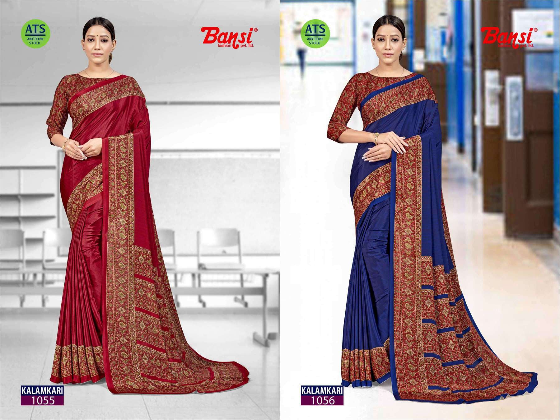Bansi Uniform Kalamkari Silk Crepe Saree Collection (Design 1051–1060) With Running Blouse – Printed Daily Wear Wholesale by M.R. Saree Emporium