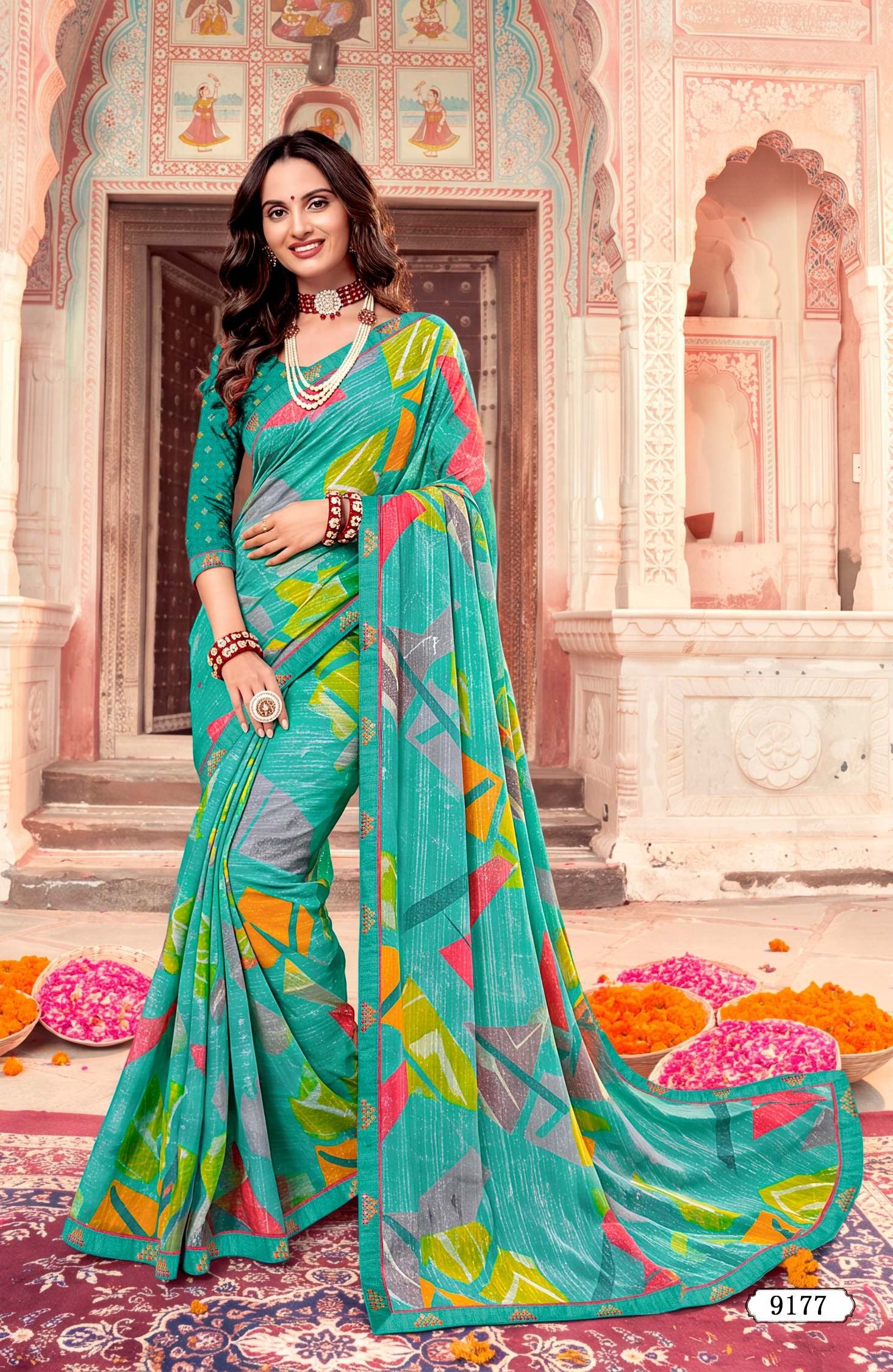 Krishnaleela Bijuriya-2 Pattern Printed Saree with Designer Border - 8 PCS Set