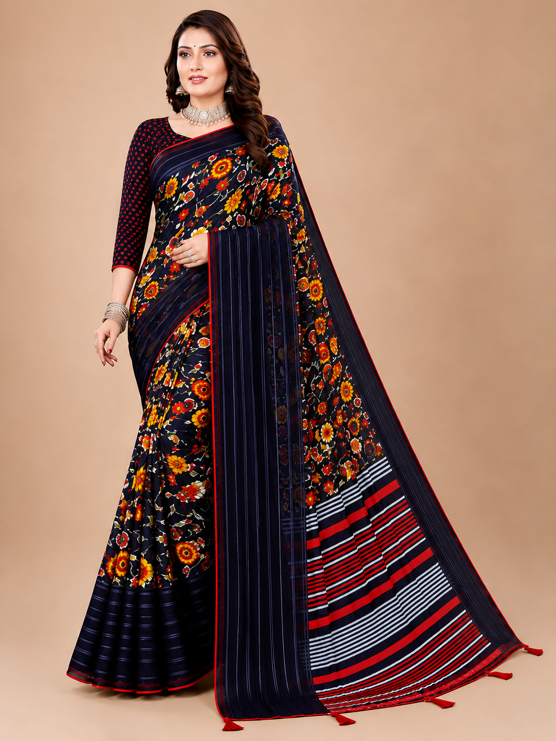 Black Floral Printed Georgette Saree with Tassel Pallu